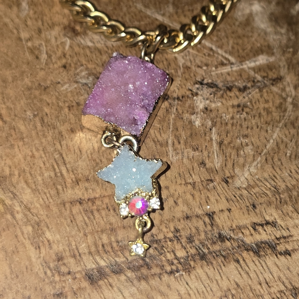 New! Handmade 24k gold leaf natural druzy square/star pendant choker necklace